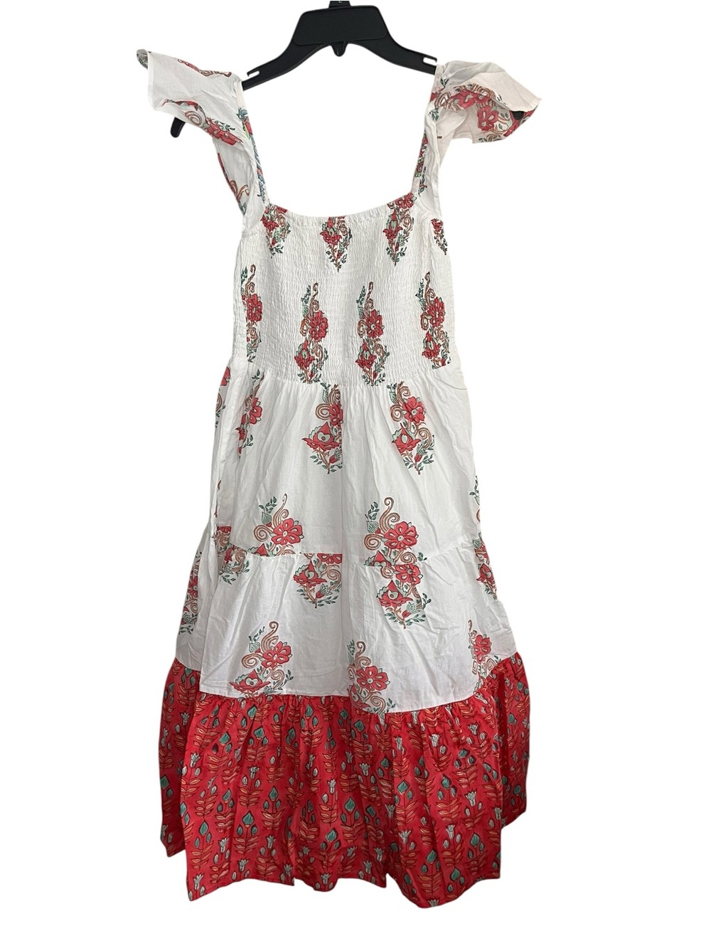 Victoria Dunn Women’s XS White Red Floral Smocked Tiered Midi Dress